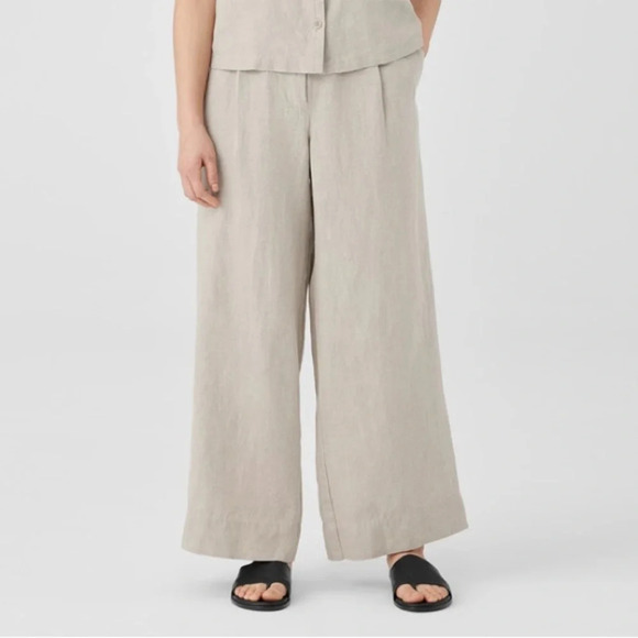 Eileen Fisher Linen Blend Wide-Leg Pant Tan Beachy Crop - Picture 1 of 7